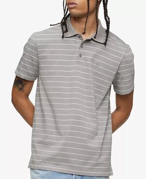 Calvin Klein Men's Smooth Cotton Striped CK Logo Polo Shirt, Cloudburst XL